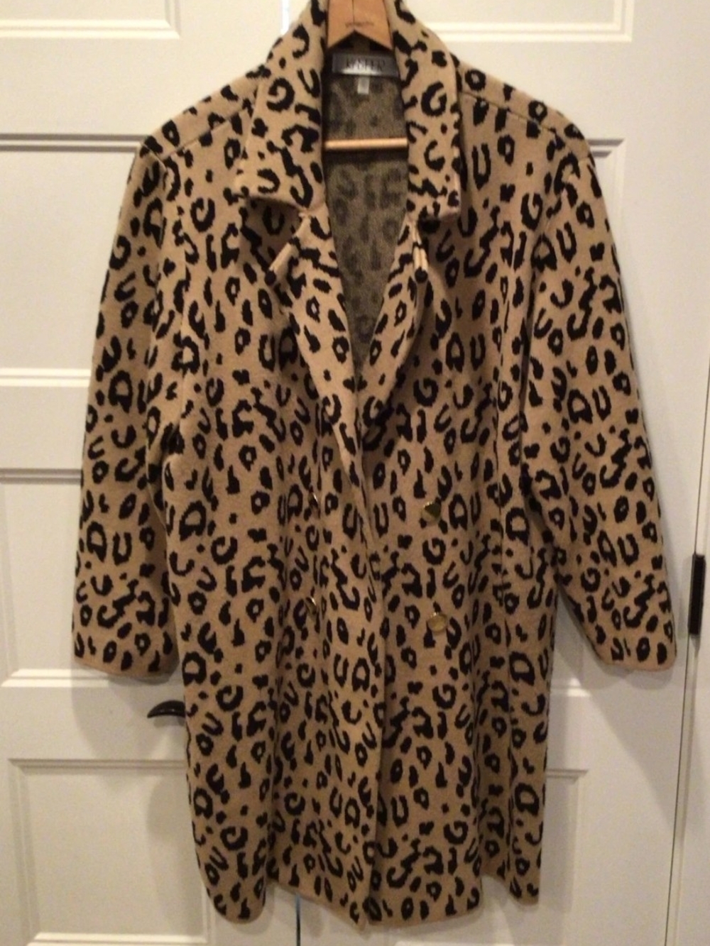 Kasper Leopard-Print Pea Coat in Tan and Black